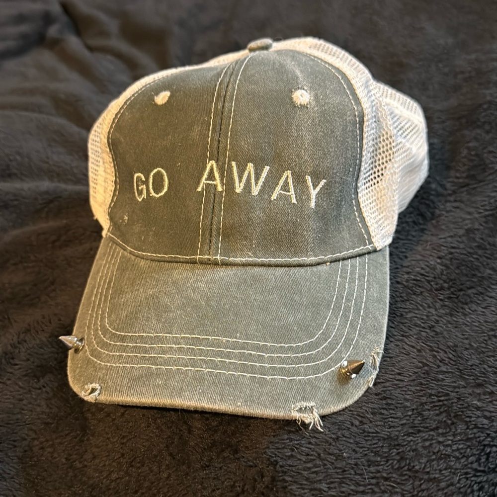 Custom trucker cap with white mesh back and go away decal.